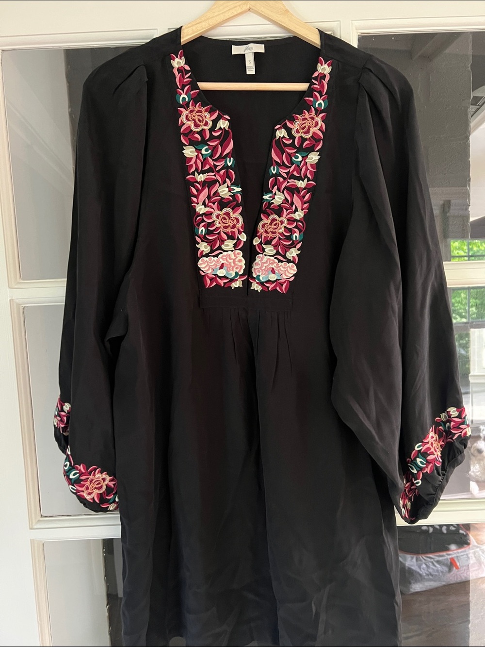 Joie Silk Embroidered V-Neck Tunic Dress floral Billow Sleeves